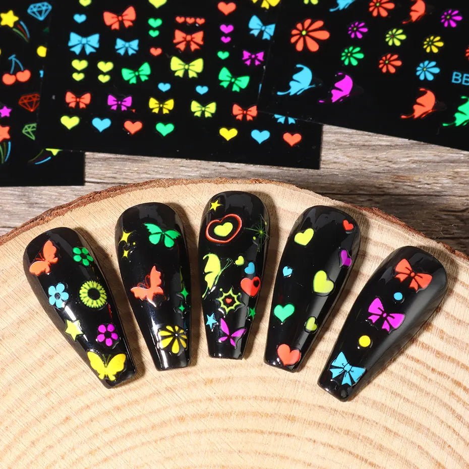 24Sheets Neon Daisy Flowers Nail Art Stickers 3D Fluorescent Floral Design Nail Charms Foils Butterfly Heart Bow DIY Decal Decor