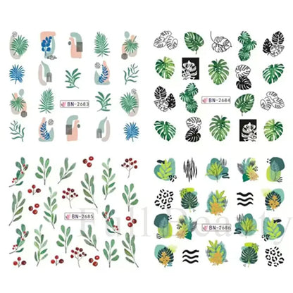 12pcs Green Palms Leaf Water Transfer Nail Sticker Summer Tropical Plants Decals Watermark Slider for Nail Art Decoration Tips