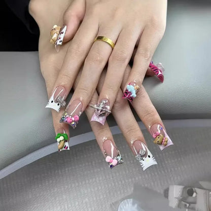 10pcs Handmade Nail Tips French 3D Hello Kitty Charm Decor Fake Nails Mid-length Duck Press on Nail Korean Sweet Lady Fake Nails