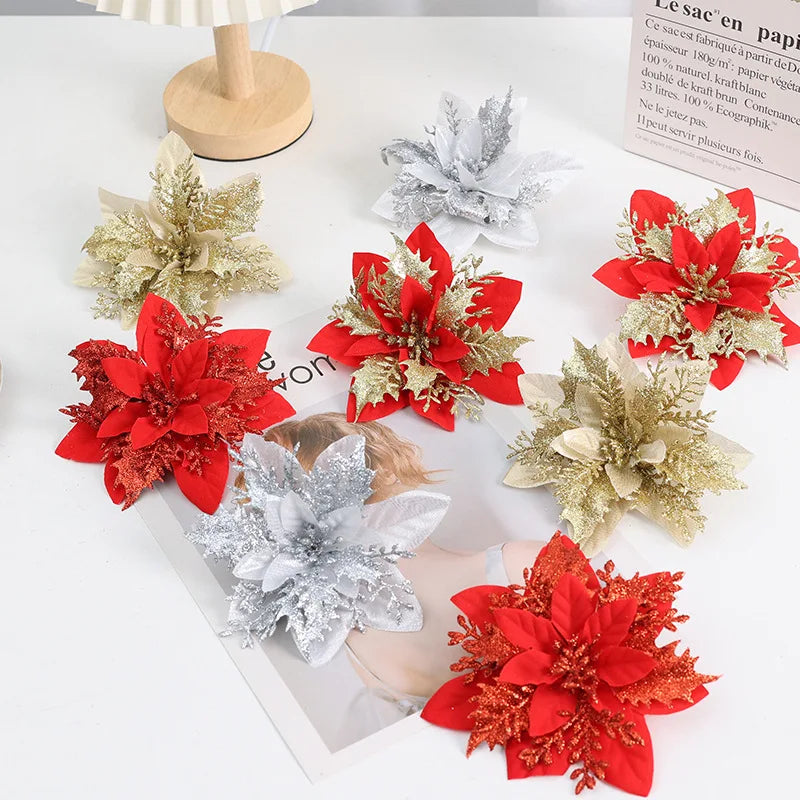 13cm Christmas Glitter Artificial Flower Christmas Flowers 1/5pcs Artificial Shiny Christmas Flowers Christmas Party Vase Decor