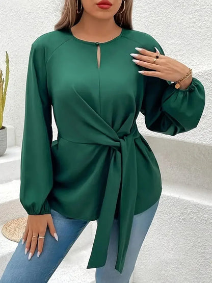 GIBSIE Plus Size Solid Tie Front Keyhole O-Neck Blouses Women Spring Fall Long Sleeve Office Ladies Casual Shirt Top 2024 New