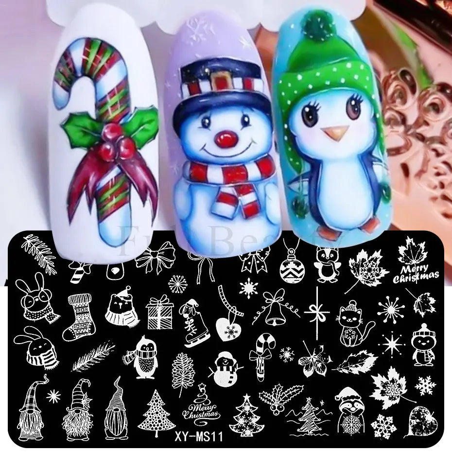 Cartoon Nail Stamping Plate Winter Cute Christmas Penguin Snowman Snowflake Leaf Nail Printing Stencil Templates Manicure Tools