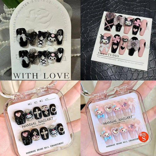 10pcs Kawaii Cute Sanrio Kuromi Handwork Press-on Nails Sweet Love Detachable Press-on Nail Schoolgirl Accessory Festivals Gift