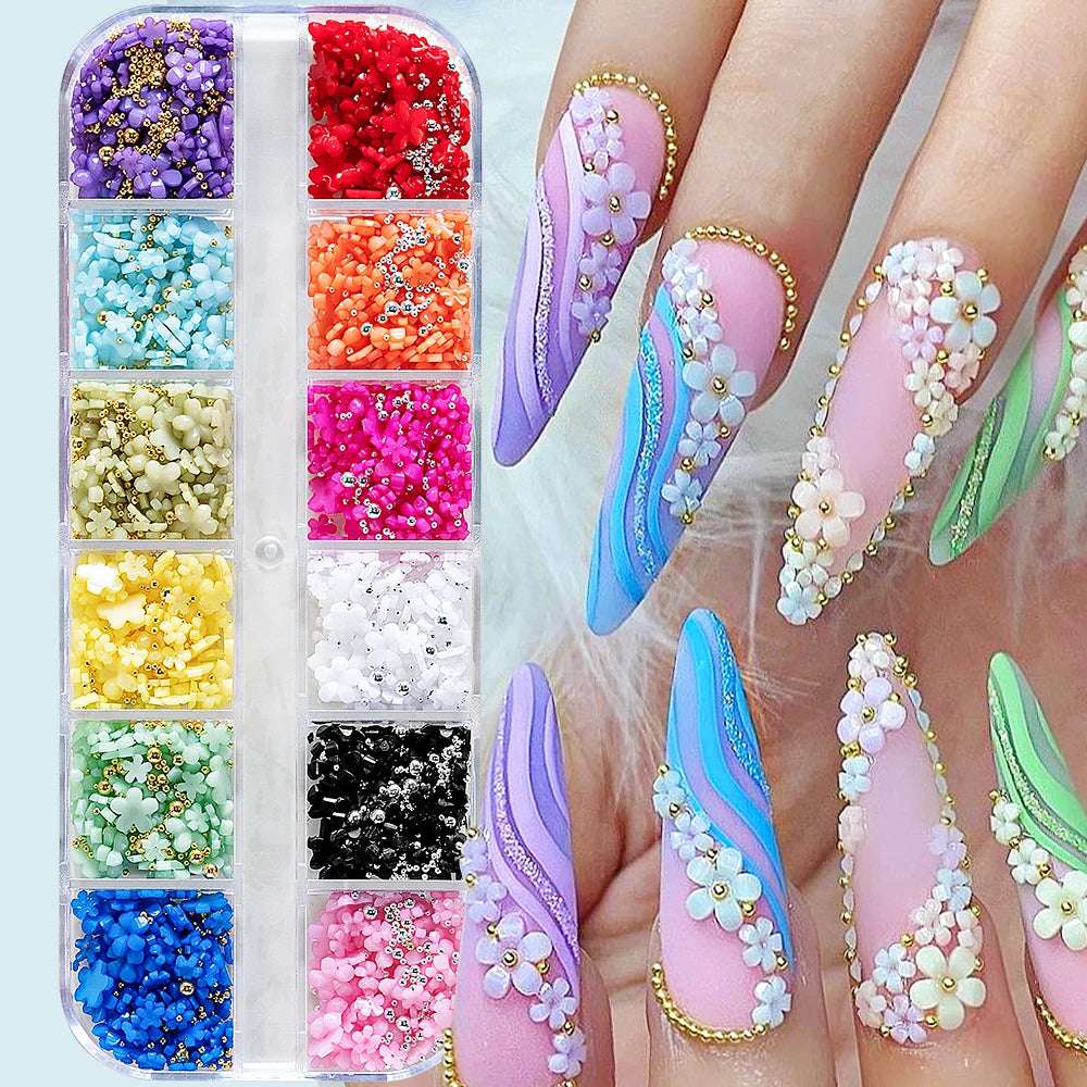 12/15Grids Acrylic Flower Nail Charms Mix Colors Set 3D Flower Nail Art Rhinestones Mixed Blossom Spring Gems DIY Nail Supplies