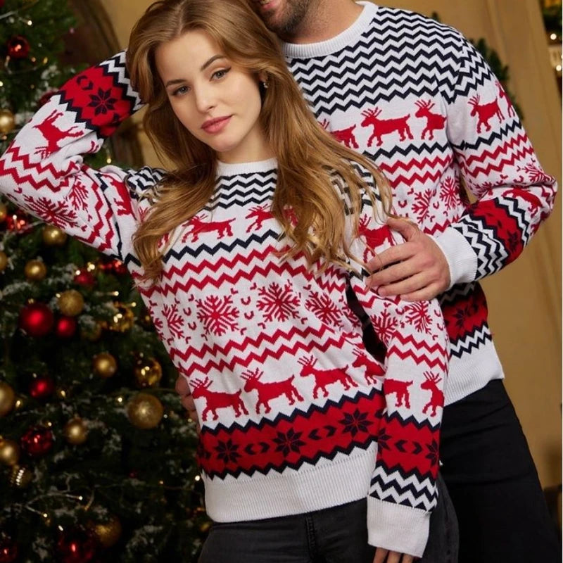 2024 Christmas Women Men Kids Matching Outfits Knit Sweater Jacquard Jumper Long Sleeve Pullover Female Warm Thick Top Xmas Look