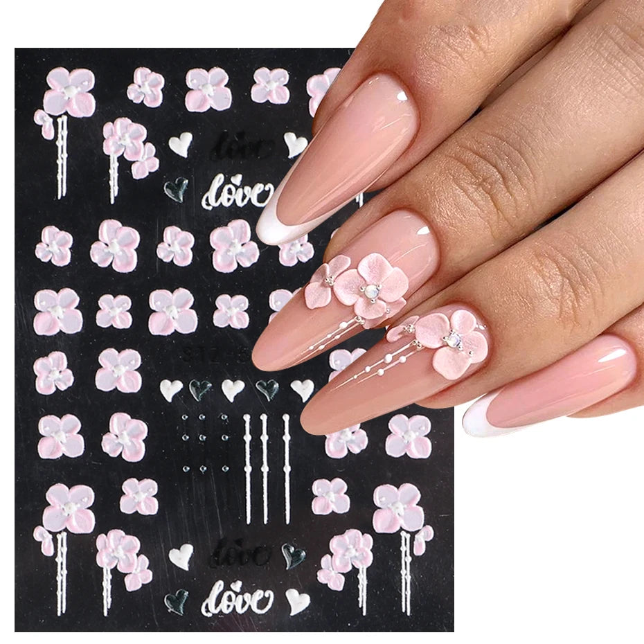 5D Pink Embossed Flowers Nail Sticker White Acrylic Lace Butterfly Adhesive Sliders Elegant Nail Art Decorations LASTZ-5D53