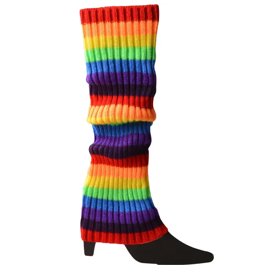 Women Halloween 80s Neon Colored Knit Leg Warmers Ribbed Bright Footless Socks Punk Black Knee High Gothic Hip-hop Rock Sock