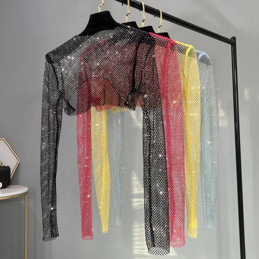 Summer Thin Color Diamond Half Top, Net Diamond, Sunscreen, Long-sleeved Camisole, Glittering Party, Skirt and Blouse