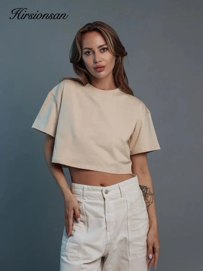 Hirsionsan 100% Cotton Short T Shirt Women 2024 New Y2k Summer Basic Vintage Tees Casual Loose Chic O Neck Female Crop Tops