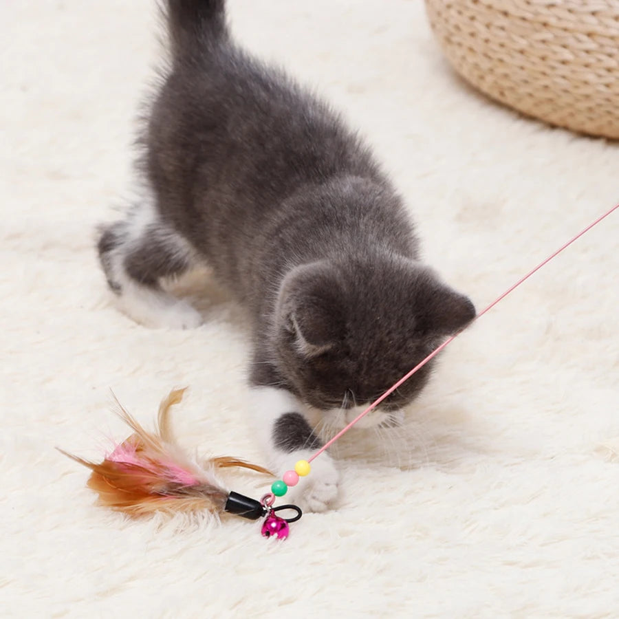 1pc Pet Teaser Cat Toy Steel Wire Feather Interactive Cat Stick Training,Kitten Wand Toys with Beads Bells