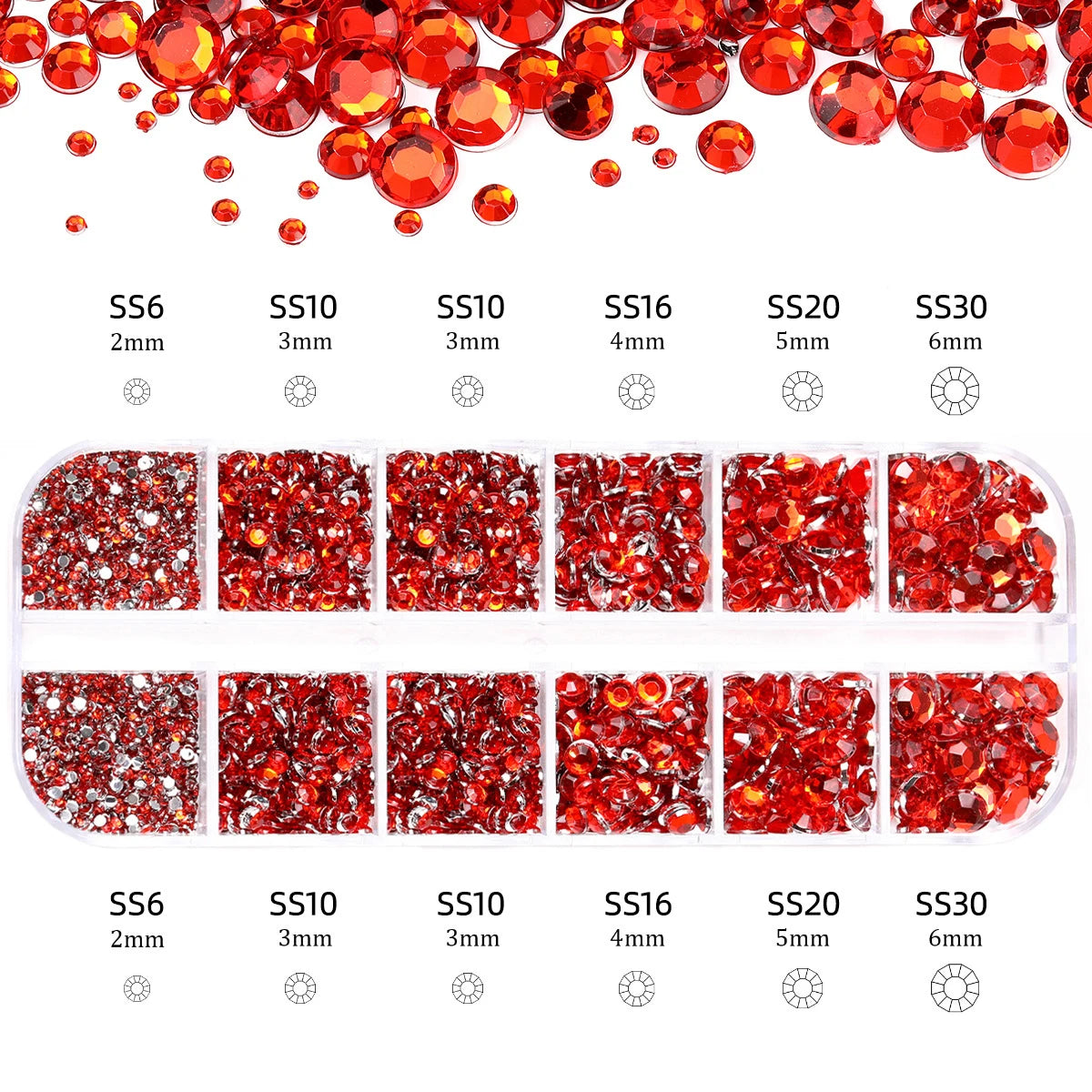 12grids Red Nail Gems Rhinestones 2/3/4/5mm Flat-Back Nail Crystal Diamond SS6/10/16/20/30 Mixed Luxury Glass Rhinestones Charms