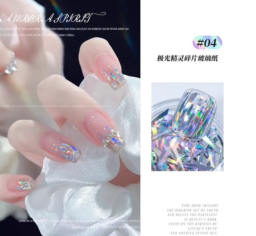 1Box Irregular Holographic Broken Glass Paper Aurora Nail Foil Decal Gradient Laser Flakes Sticker DIY Accessories Manicure Deco