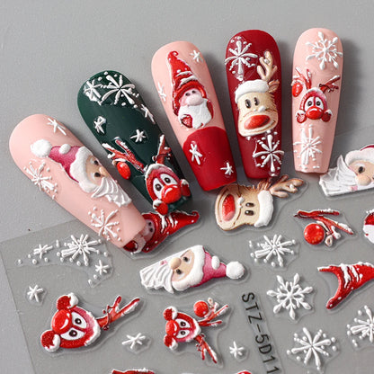 5D Christmas Nail Stickers Cartoon Elk Santa Claus Snowflakes New Year Sliders Festive Embossed Nail Art Decals Decoration