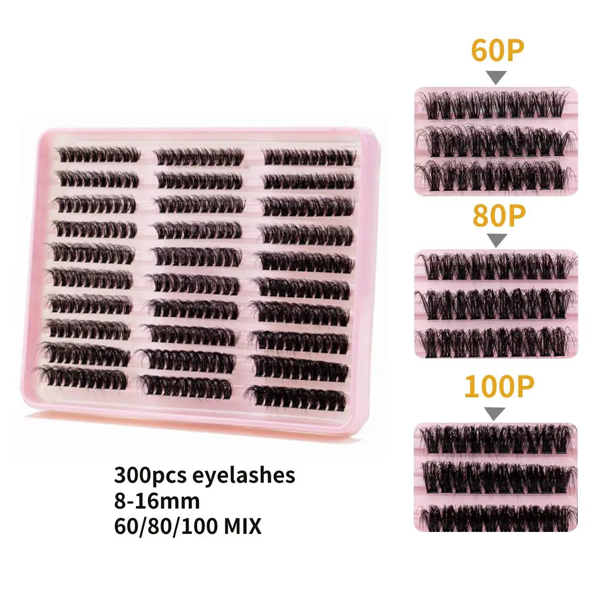 300Pcs Fluffy Explosive Eyelash Clusters Curl Individual Lashes Mix Eyelash Extensions with glue,remover,Tweezers