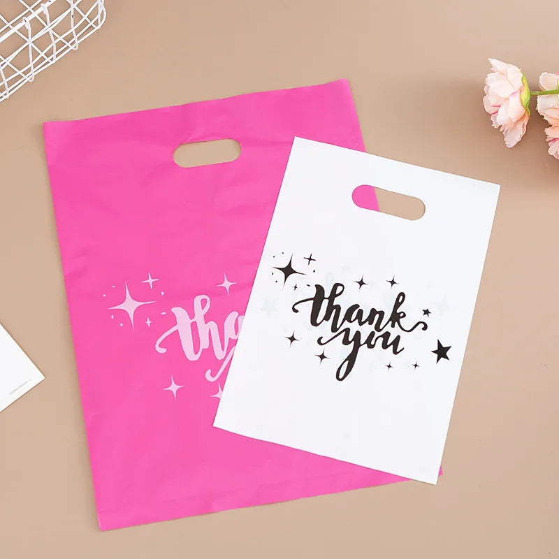 10 PCS Black Thank You Gift Bags With Handle Plastic Pink Packing Bag For Small Business Wedding Birthday Shopping Storage Bag