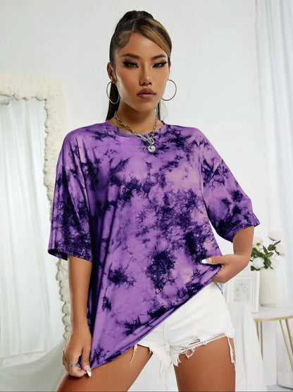 2024 summer new women's tie-dye print casual fashion trend women's short sleeve