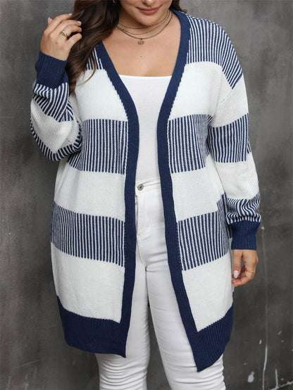 GIBSIE Plus Size Women's Cardigan Contrasting Color Striped Open Front Knitted Sweater Fall Winter Casual Long Cardigan Coat