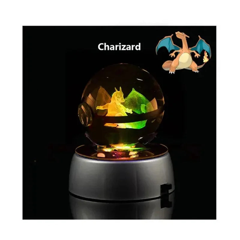 Pokemon 3D Crystal Ball Pikachu Figure Pokeball Engraving Crystal Charizard Model with Led Light Base Toys Anime Christmas Gift