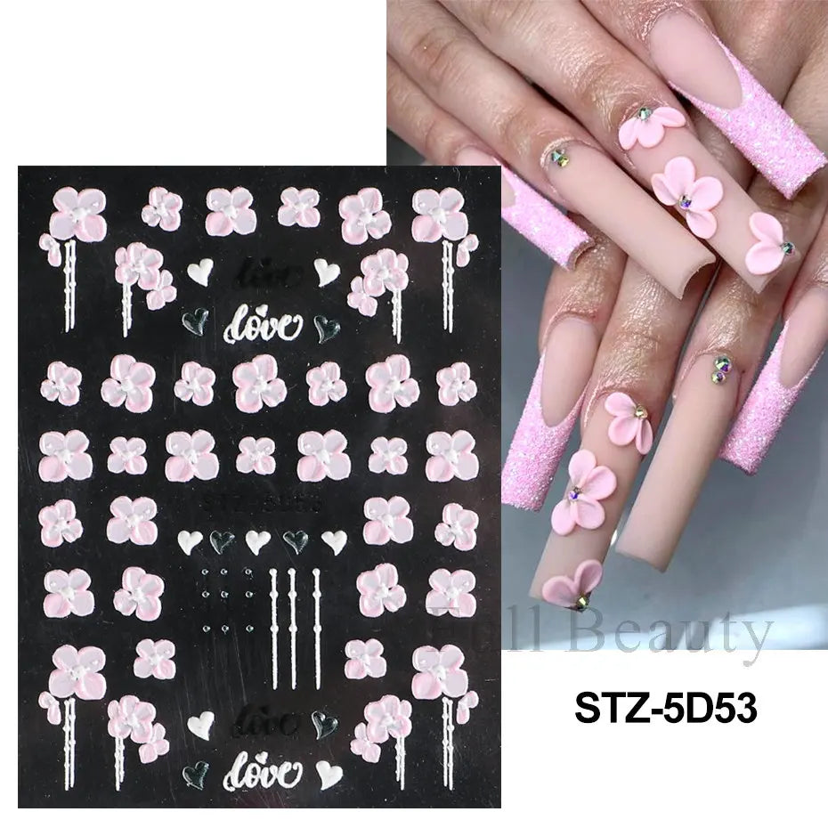 5D Pink Embossed Flowers Nail Sticker White Acrylic Lace Butterfly Adhesive Sliders Elegant Nail Art Decorations LASTZ-5D53