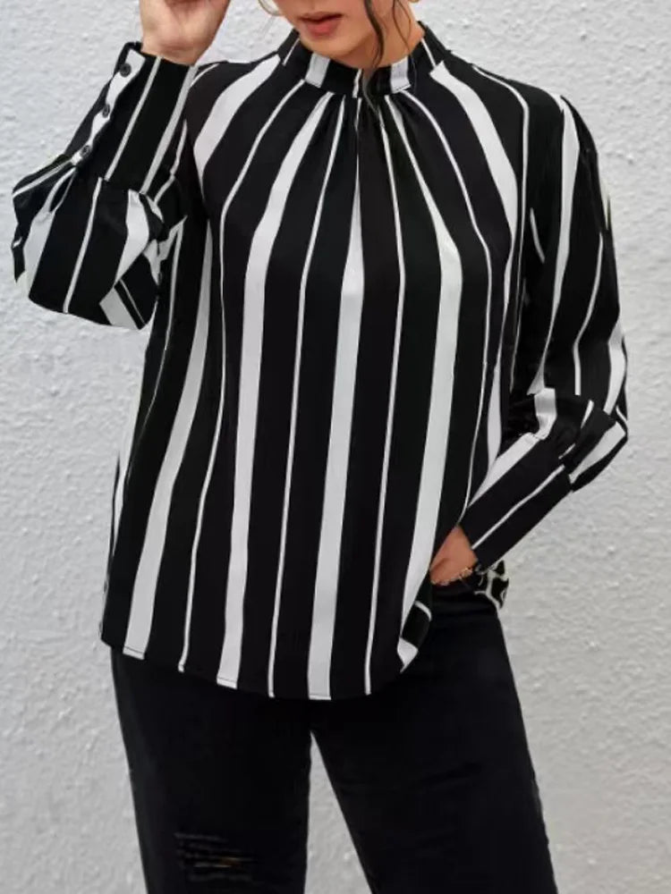 GIBSIE Plus Size Black And White Striped Shirt Tops Women Spring Autumn Stand Collar Long Sleeve Office Ladies Casual Blouses