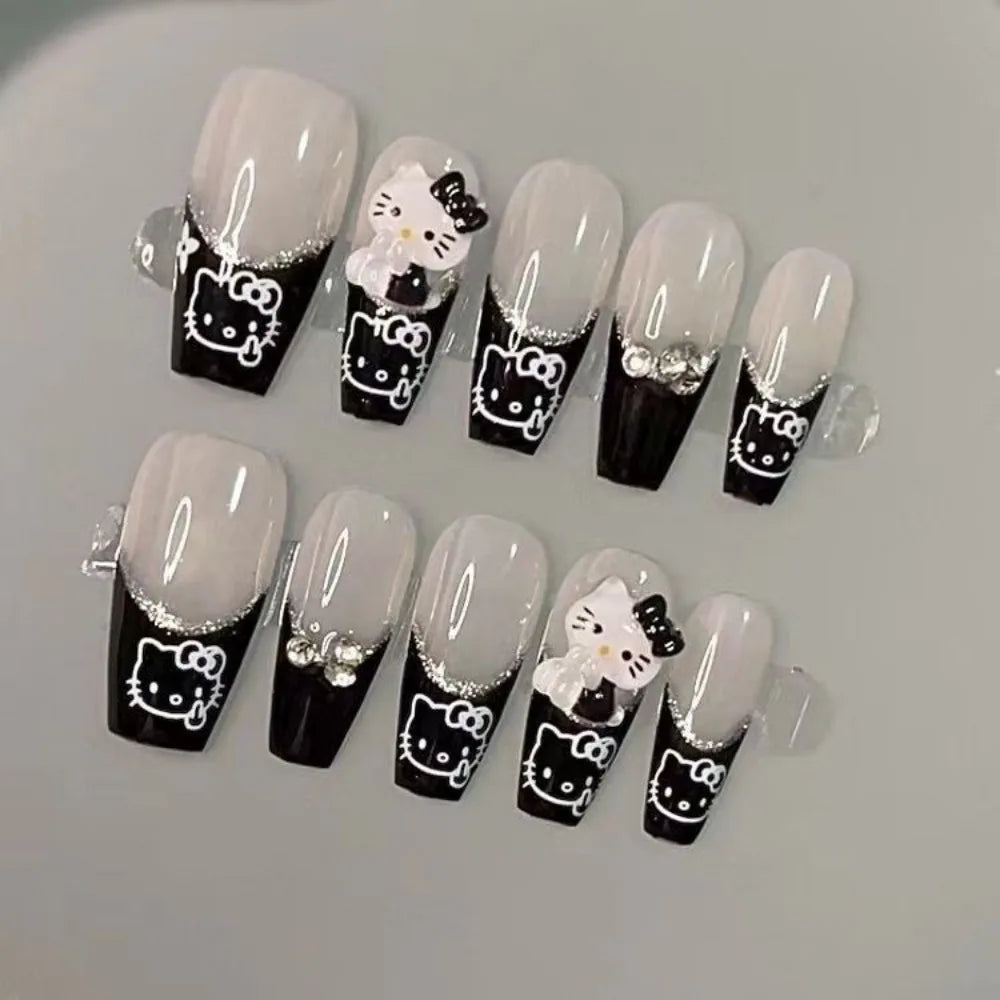 Kawaii Cute Sanrio Hello Kitty Handwork Press-on Nails Anime Sweet Detachable Fake Nails Schoolgirl Accessory Festivals Gift