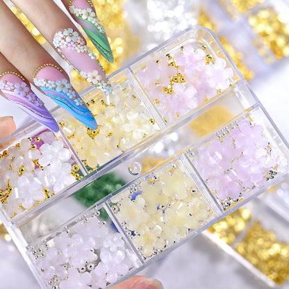 6Grids Gold Nail Art Alloy Studs Seaside 3D Decoration Sea Shell Star Pearl Charm Metal Frame Rivets Nail Rhinestone Accessories