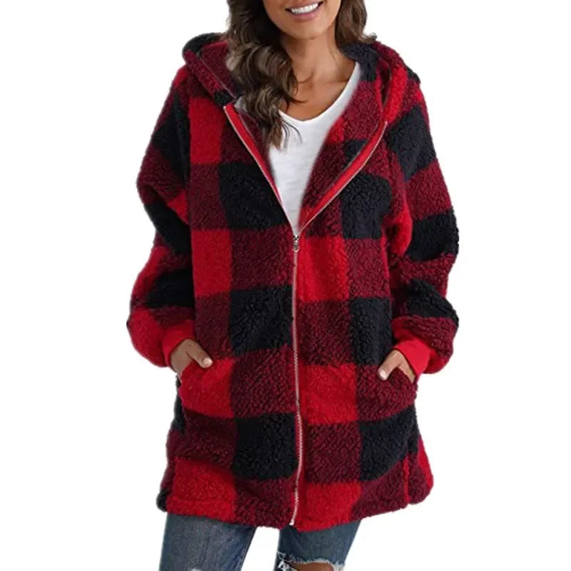 Fashion simple autumn and winter plush women's coat new long sleeve plaid thick warm hooded zipper with pocket loose coat