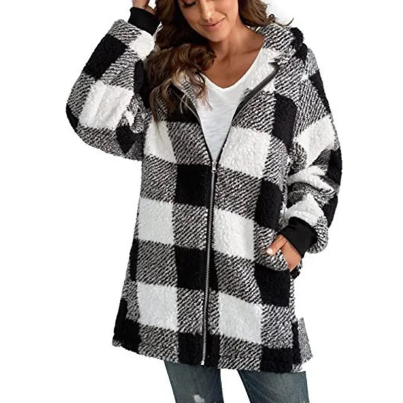 Fashion simple autumn and winter plush women's coat new long sleeve plaid thick warm hooded zipper with pocket loose coat