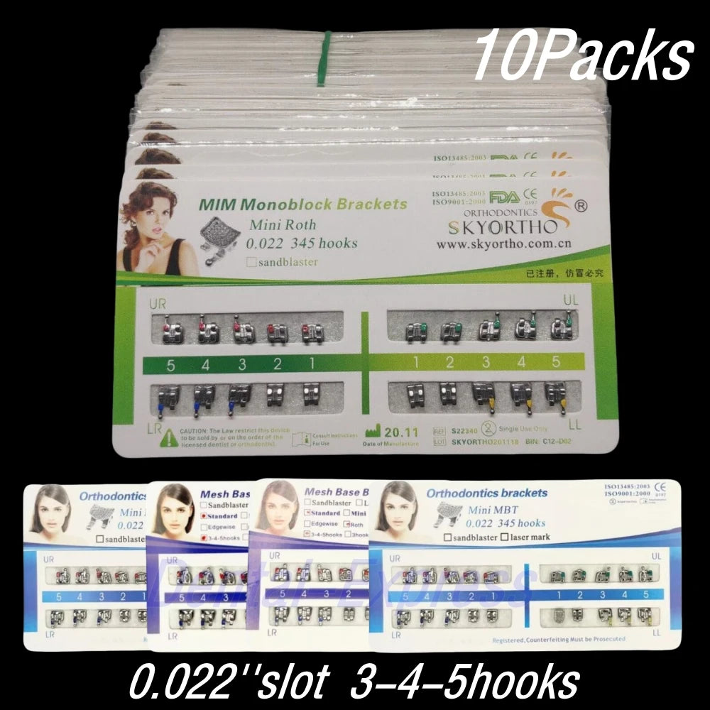 10Packs Dental Orthodontic Ultrathin Metal Bracket Braces MIM Monoblock Mini Standard Roth MBT Slot 022 Hooks 345 20pcs per Pack