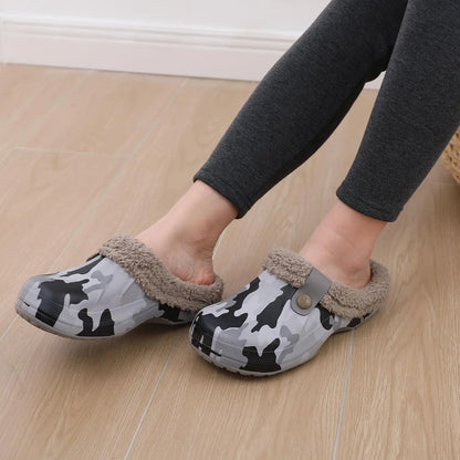 Bebealy Casual Women Garden Shoes Warm Fluffy Men Slippers Winter Waterproof Outdoor Antiskid Slippers Classic Leopard Slippers