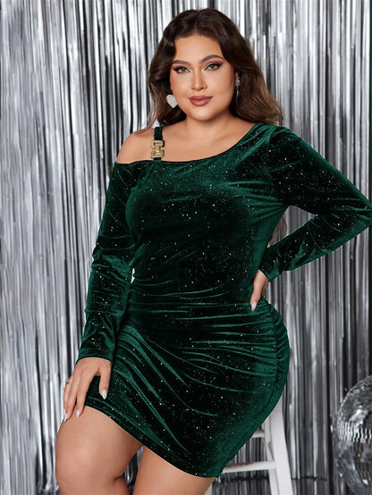 GIBSIE Plus Size Women Sexy Ruched Bodycon Glitter Dress 2024 New Autumn Black Long Sleeve Evening Party Elegant Mini Dresses