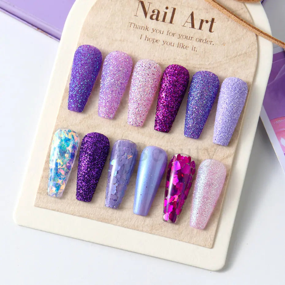 12 Grids Purple Nail Glitter Holographic Fine Sugar Nail Powder Mixed Heart Hexagon Paillette Nail Flakes Shiny Manicure Decor