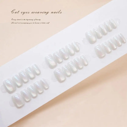 24Pcs New Style Press On Nails Long Square False Nails French Shining Cat Eye Fake Nails Full Cover Detachable Nail Tips