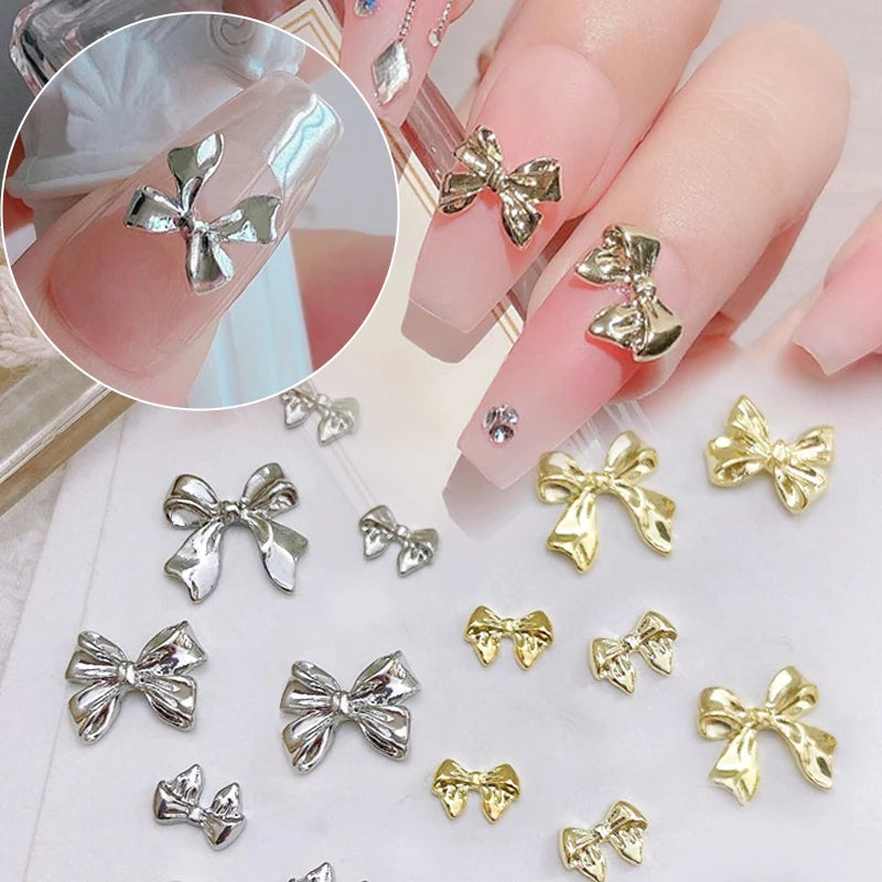 1Bag 3D Silver Gold Bowknot Shaped Nail Charms Metal Alloy Heart Nail Art Rhinestones Manicure Jewelry For DIY Nail Accessories