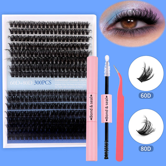 60D 80D Fluffy Cluster Individual False Eyelashes DIY Cosplay Fake Eyelashes Extension Set with Bond and Seal Tweezers Brushes