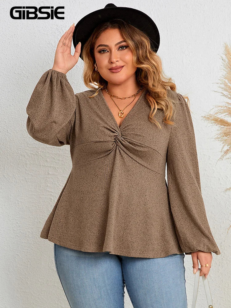 GIBSIE Plus Size Casual V Neck Twist Front Peplum Top Women Fashion 2023 Autumn New Vintage Full Lantern Sleeve Tunic Blouse