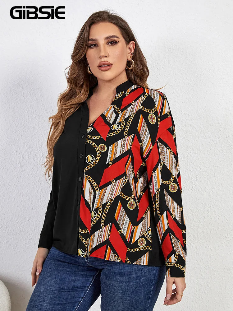 GIBSIE Plus Size Notched Neck Chain Print Colorblock Women Shirts 2023 Spring Fall Fashion High Street Long Sleeve Tops Blouses