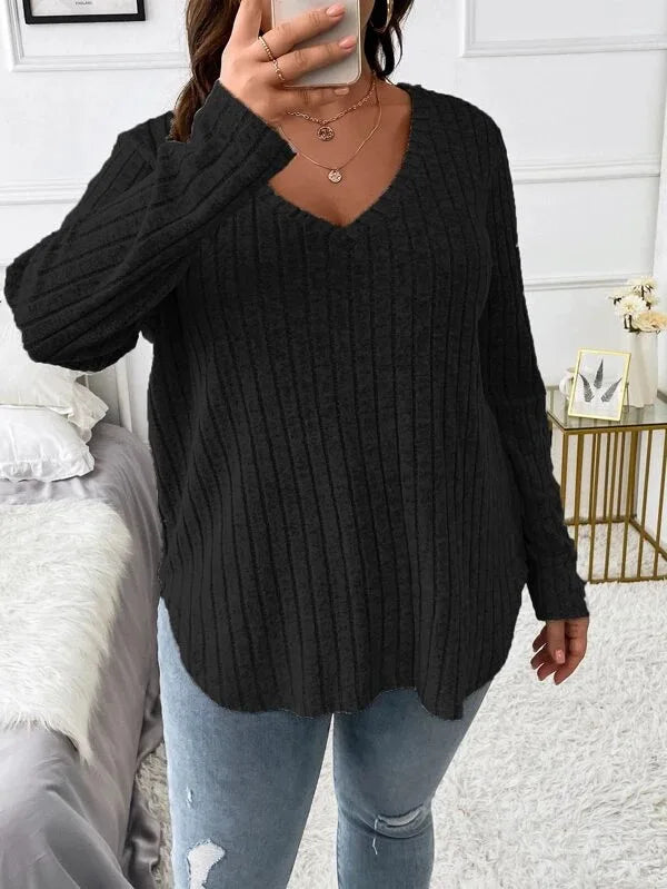 GIBSIE Plus Size Women's Casual V-Neck Long Sleeve Tees Shirt 2024 Spring Autumn Fashion Loose Ribbed Knit Tops for Women