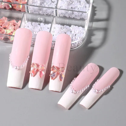 6 Grids Pink Ribbon Bow Mixed Flat Bottom Pearl Nail Charms Decorations 3D Resin Flower Design DIY Korean Manicure Nails Parts