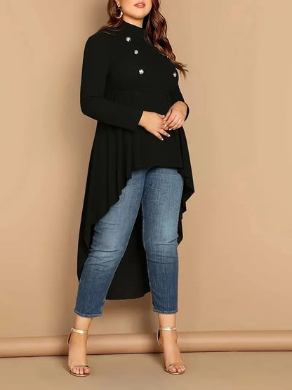 GIBSIE Plus Size Black Mock Neck Button Front Women Blouses 2024 Autumn New Fashion Long Sleeve Asymmetrical High Low Tops