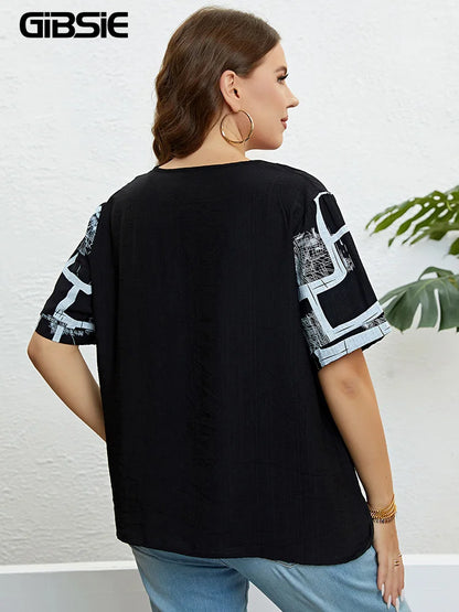 GIBSIE Plus Size Patch Pocket Loose Print T Shirt Women Summer New Fashion Korean O-Neck Short Sleeve Female Casual Tops 2023