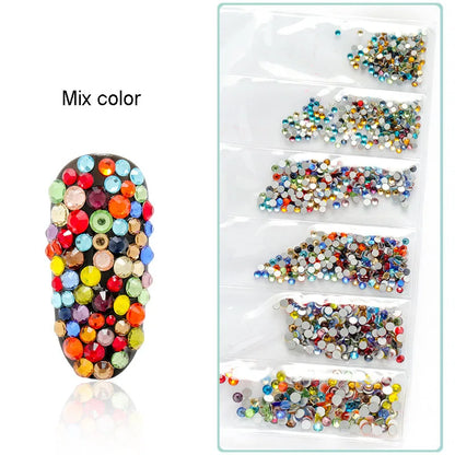 1728 Pcs/bag SS4-SS12 6-Sizes Mixed Round Nail Drill Adhesive Flat-bottomed Crystal Glass Mobile Phone Case Iron Diamond Mater