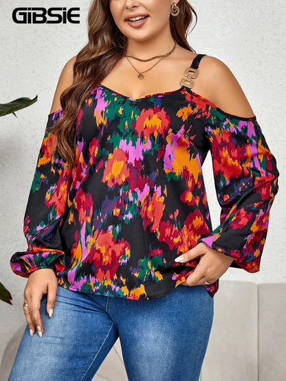 GIBSIE Plus Size Cold Shoulder V Neck Long Sleeve Print Blouses Women Fashion 2023 Spring Fall Sweet Casual Blouse Top Shirt