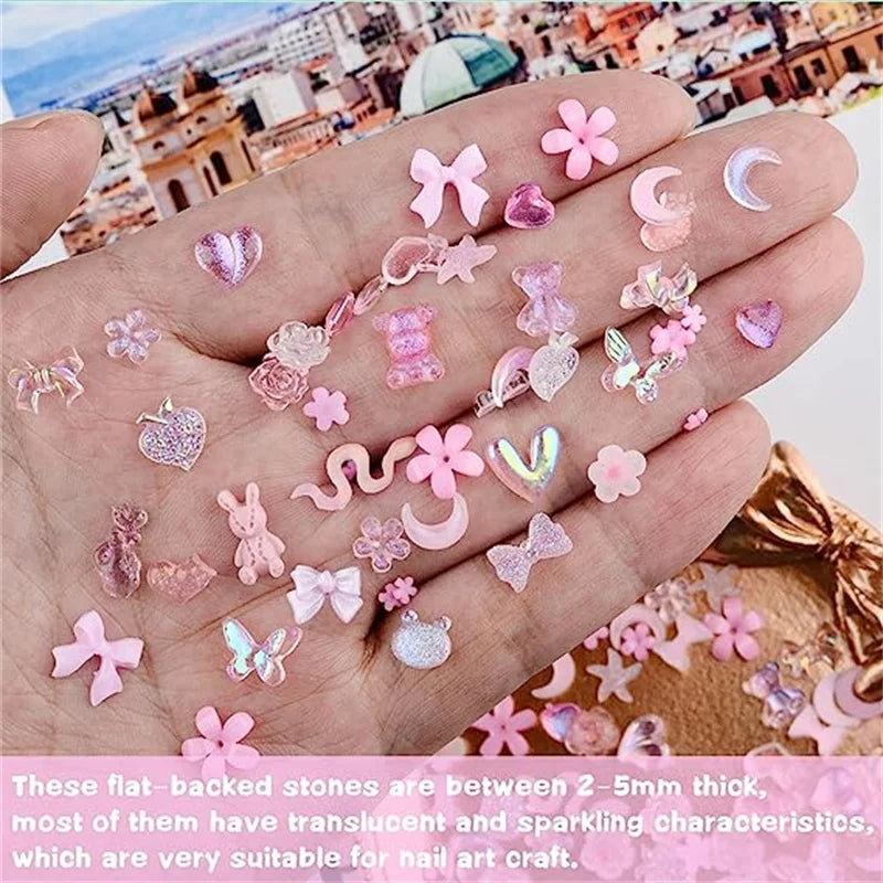 50PCS Mixed Kawaii Resin Nail Art Charms 3D Flower Bow Animals Rhinestones Nail Decorations DIY Manicure Professional Supplies