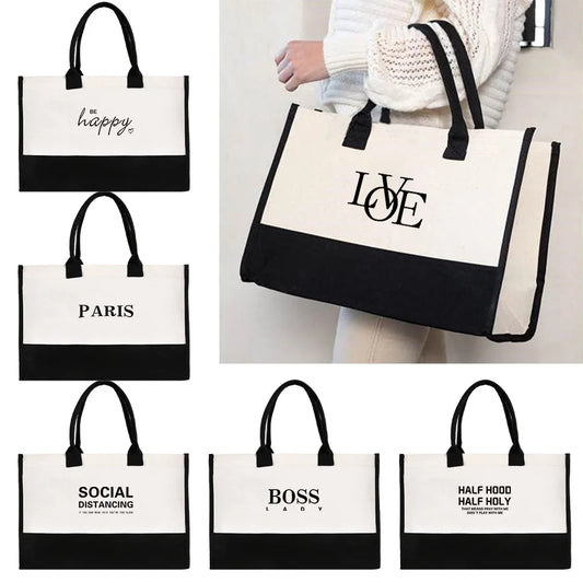 Women's Jute Bag Beach Bags Shopping Bag for Lady Reusable Large Capacity Text Printing Series Tote Bags Handbag 2024