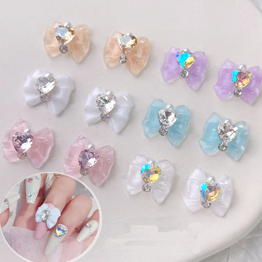 10pcs Japanese Sailor Bow-Tie Heart Moon Nail Art Charm 3D Cartoon Anime Bowknot Inlaid Pearl DIY Finger Tips Decor Girl Parts