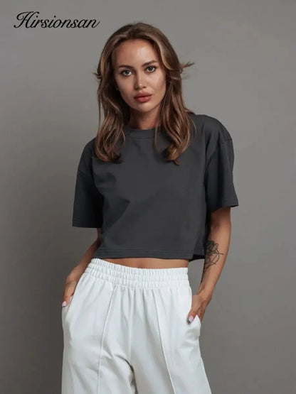 Hirsionsan 100% Cotton Short T Shirt Women 2024 New Y2k Summer Basic Vintage Tees Casual Loose Chic O Neck Female Crop Tops