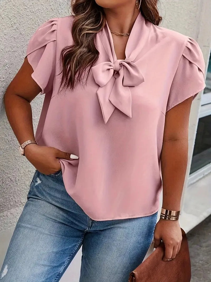 GIBSIE Plus Size Bow Tie Neck Petal Sleeve Top Blouse Women Summer 2024 Solid Elegant Office Ladies Korean Casual Shirt Blouses