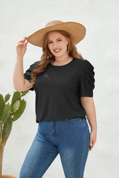 GIBSIE Plus Size Solid O-Neck Leg of Mutton Sleeve Blouse Women Fashion 2023 New Summer Office Casual Women's Blouses Tops