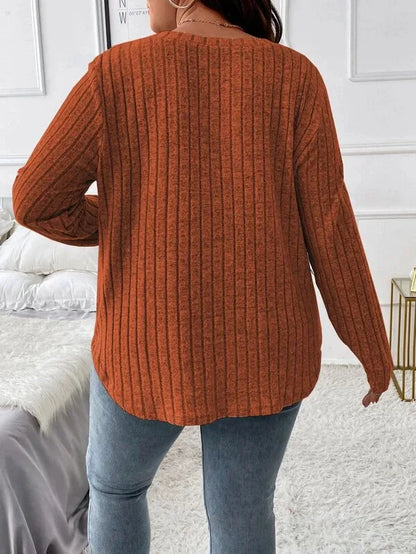 GIBSIE Plus Size Women's Casual V-Neck Long Sleeve Tees Shirt 2024 Spring Autumn Fashion Loose Ribbed Knit Tops for Women